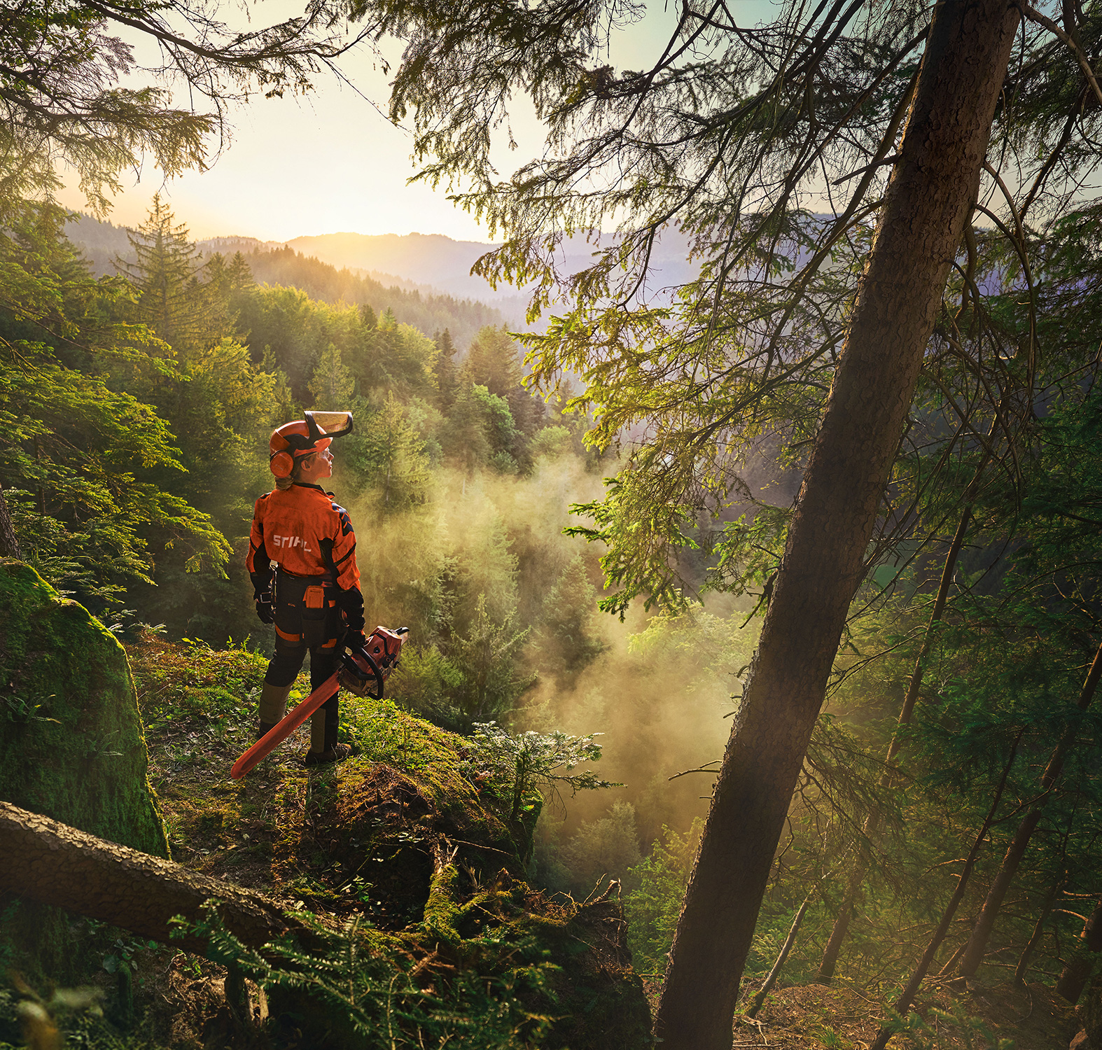 Kobieta stoi na skraju klifu w nasyconym zielenią lesie. Ma na sobie pomarańczowy kombinezon roboczy STIHL, zestaw słuchawkowy ADVANCE ProCom i trzyma piłę łańcuchową STIHL MS.