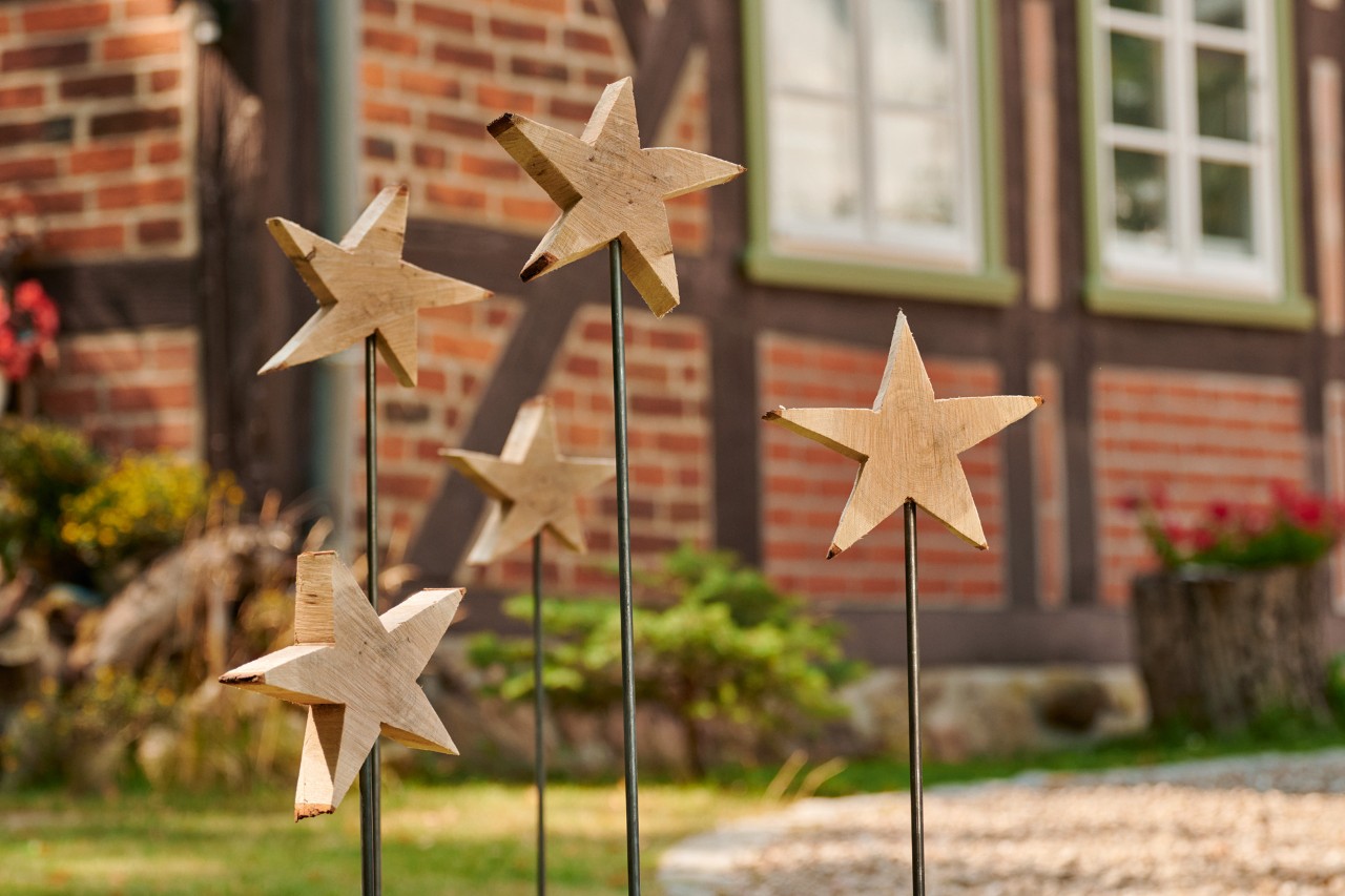 Five wooden stars on sticks stuck into the ground in front of a red-brick building