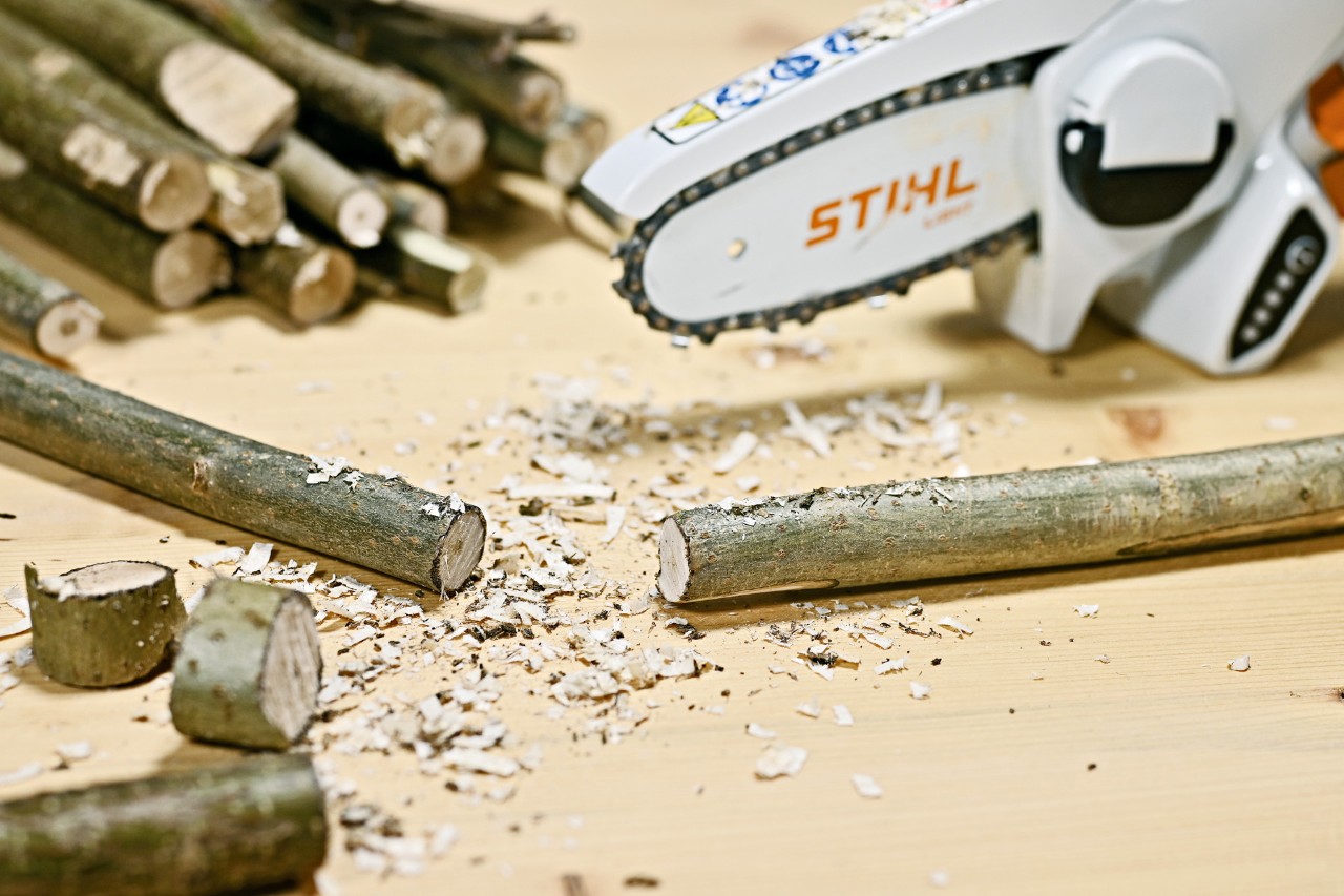 Gałęzie do dekoracji wnętrz po przepiłowaniu akumulatorową przecinarką do drewna STIHL GTA 26