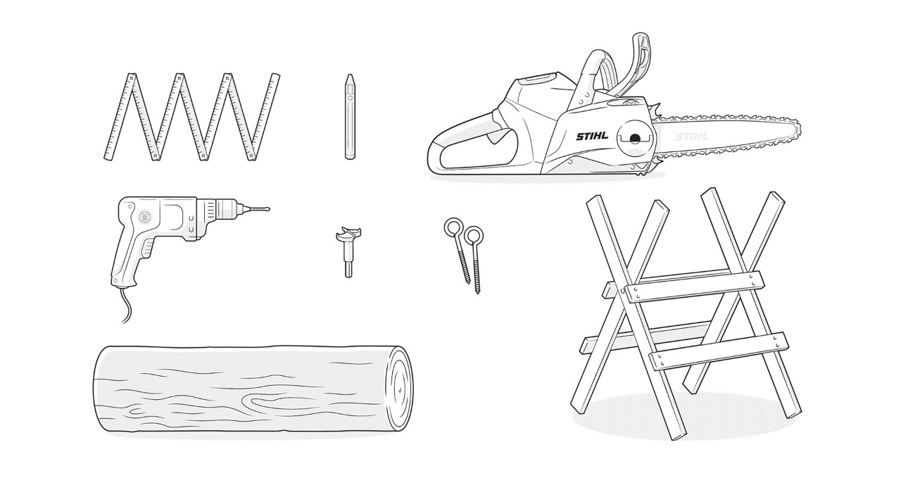 Ilustracja materiału: Pień, pilarka łańcuchowa STIHL, calówka, koziołek, wiertarka, śruby oczkowe