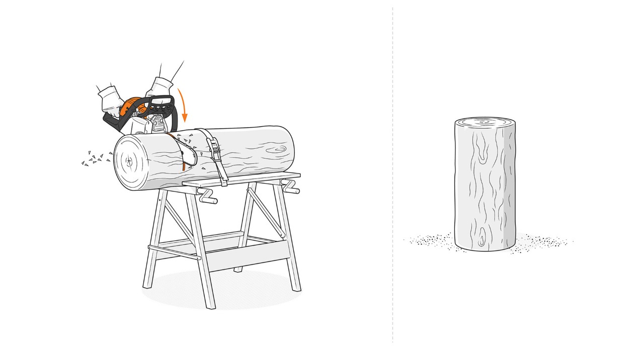  Ilustracja: Zamocowany pień jest przycinany pilarką spalinową STIHL