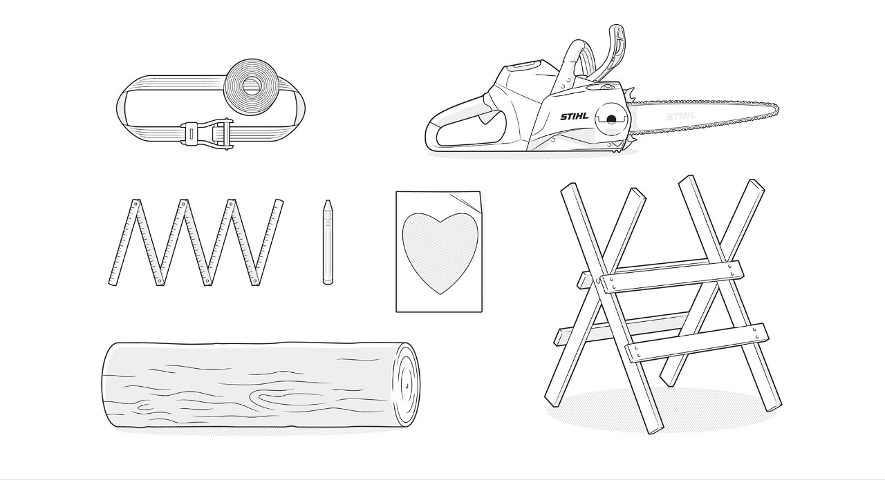 Ilustracja: drewno okrągłe, pilarka spalinowa STIHL, calówka, pas mocujący, szablon w kształcie serca, koziołek do piłowania, ołówek