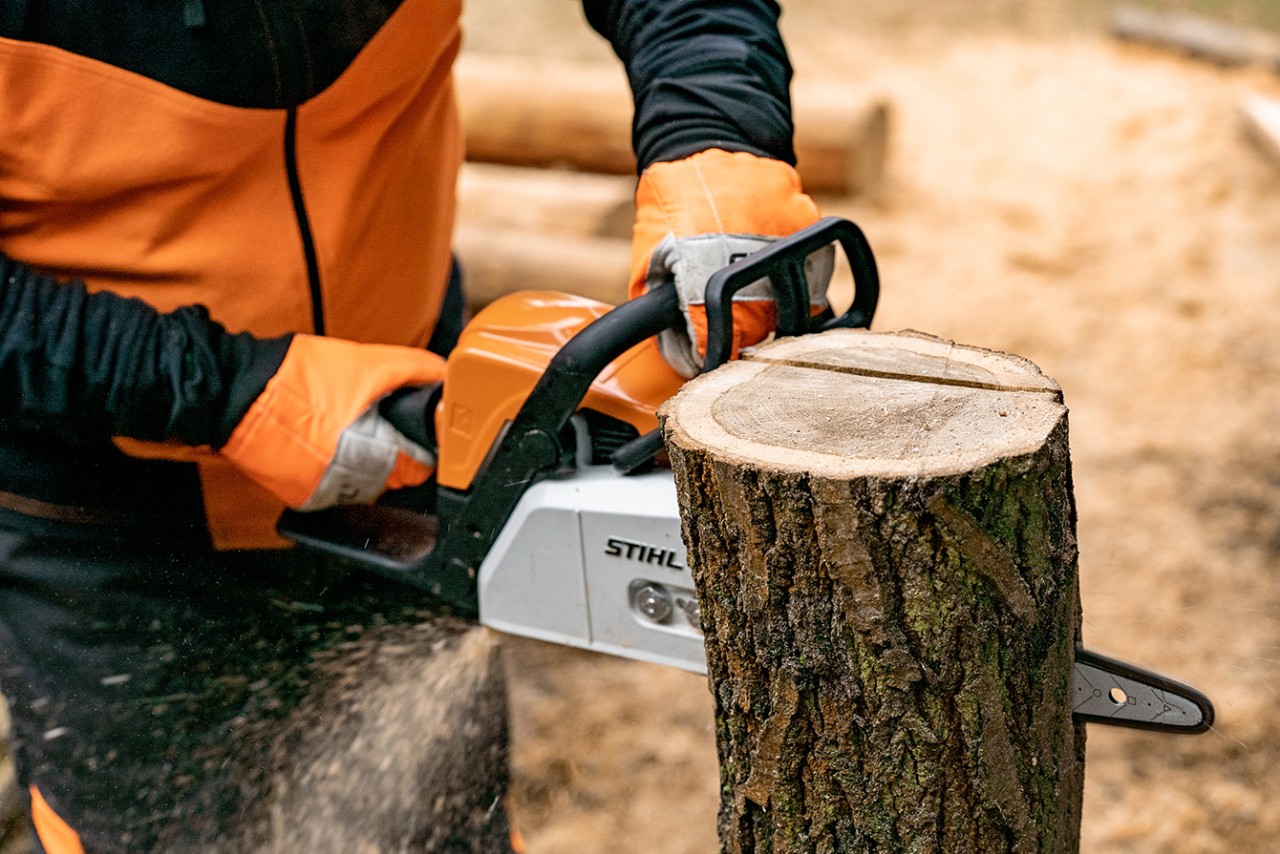 Usuwanie jednej ze stron pnia za pomocą benzynowej pilarki łańcuchowej STIHL MS 170