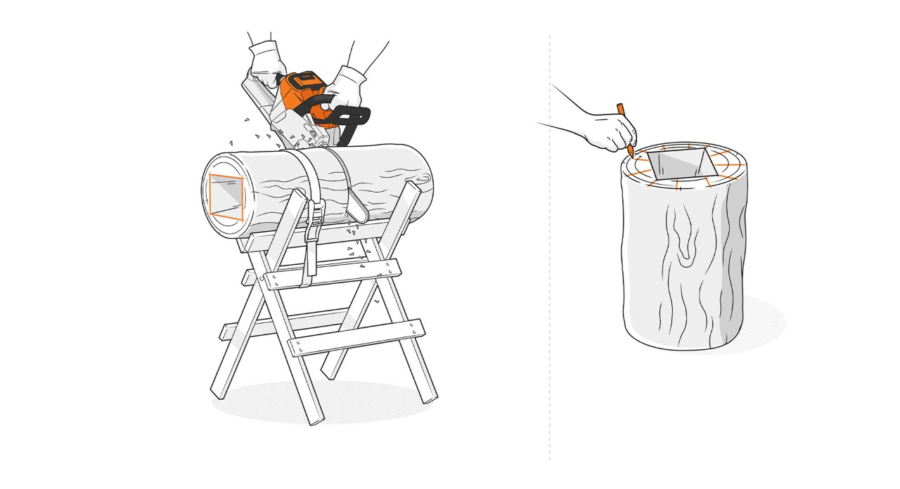 Pień skracany do żądanej długości pilarką łańcuchową STIHL