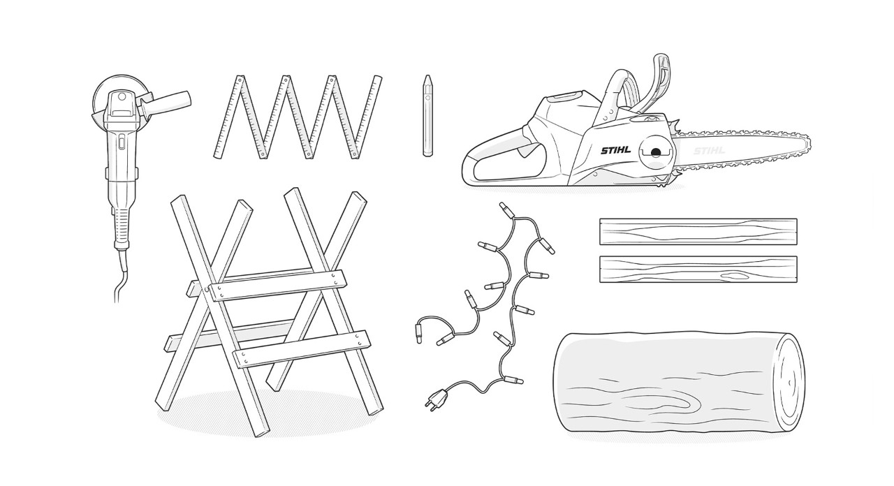 Ilustracja przedstawiająca wymagane materiały: element podstawowy, pilarka łańcuchowa STIHL, calówka, szlifierka kątowa, ołówek, łańcuch świetlny