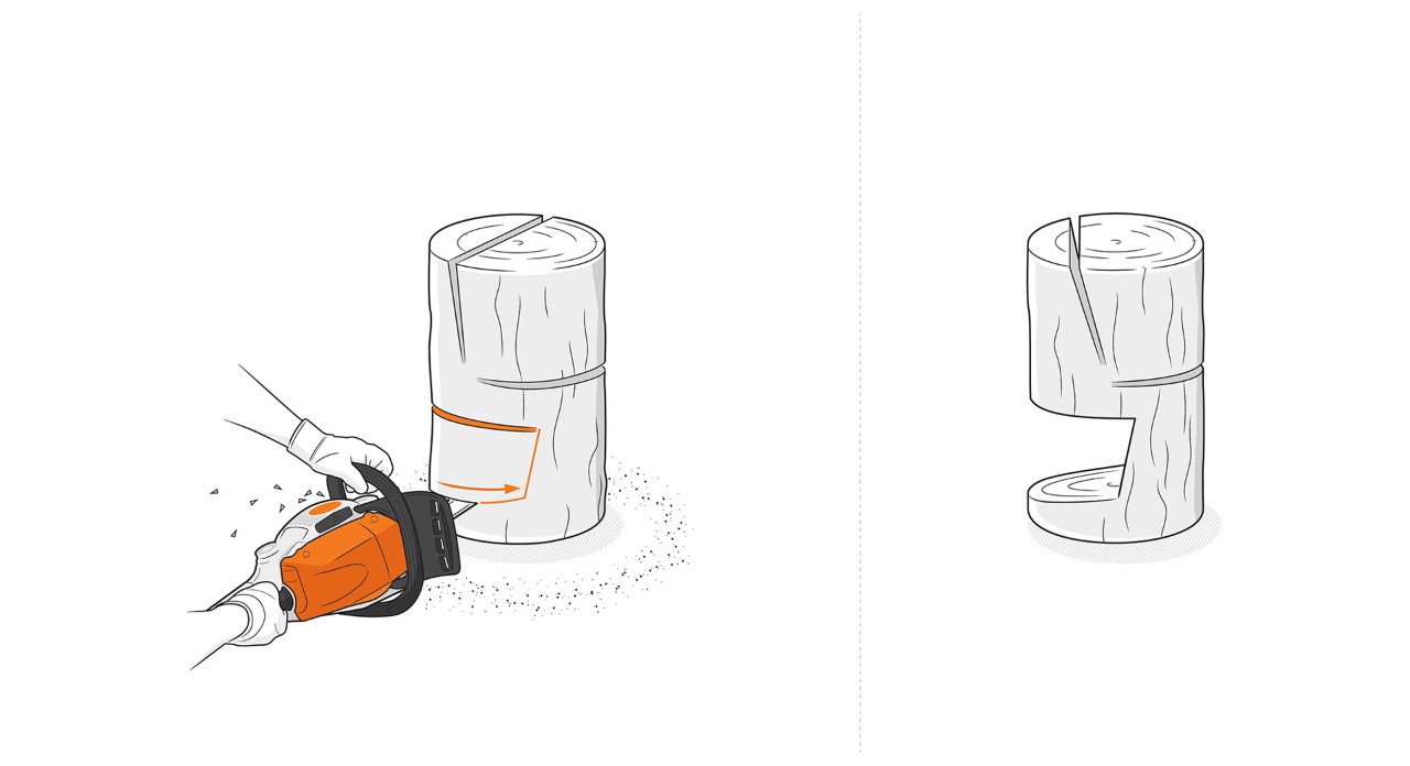 Ilustracja: Wycięcie w cokole na drewniane krzesło wykonane pilarką łańcuchową STIHL