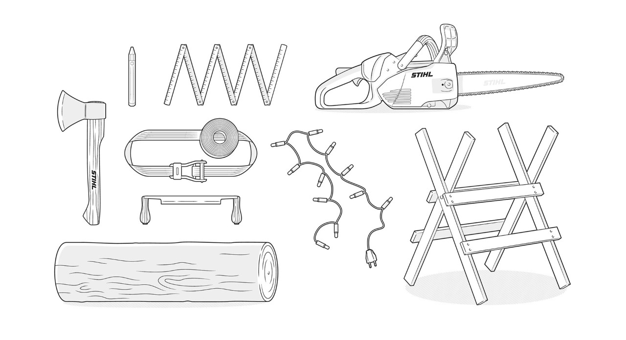 Ilustracja materiału: pieniek, pilarka łańcuchowa STIHL, calówka, łańcuch świetlny, dłuto STIHL, pas mocujący, koziołek