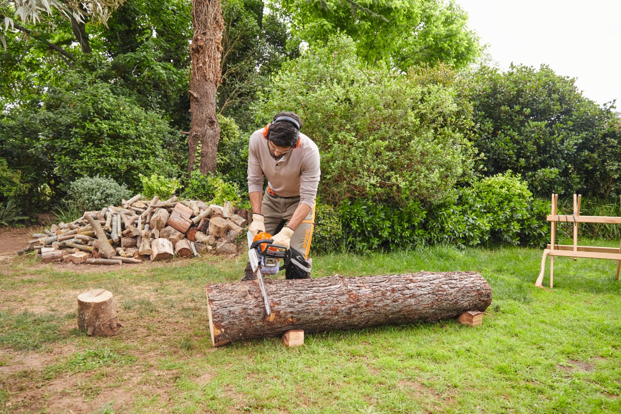 Mężczyzna piłuje pień drzewa pilarką STIHL