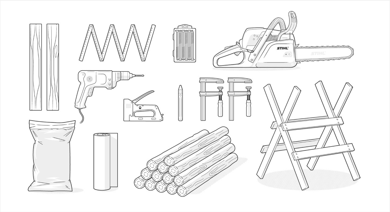 Ilustracja materiału: Palisady drewniane, pilarka, piasek do zabawy, wkrętarka akumulatorowa, włóknina, miarka, koziołek, ściski śrubowe