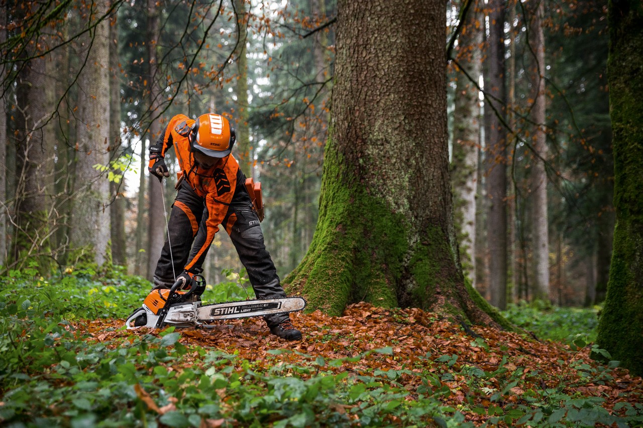 Mężczyzna w odzieży ochronnej uruchamia benzynową pilarkę łańcuchową STIHL MS 500i na ziemi w lesie liściastym