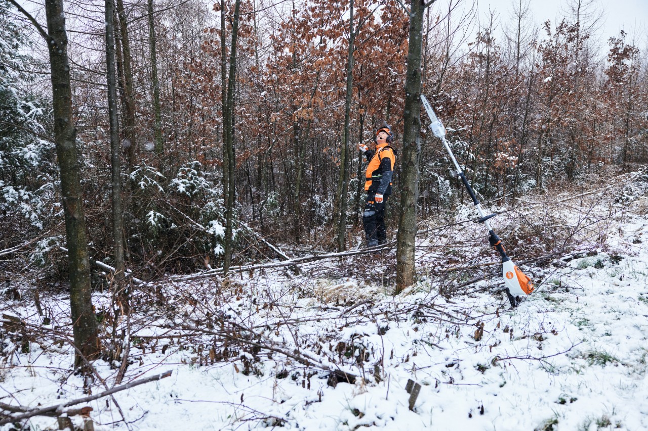 Mężczyzna noszący osprzęt ochronny, pracujący w zaśnieżonym lesie, na pierwszym planie akumulatorowa podkrzesywarka STIHL HTA 150 oparta o pień drzewa
