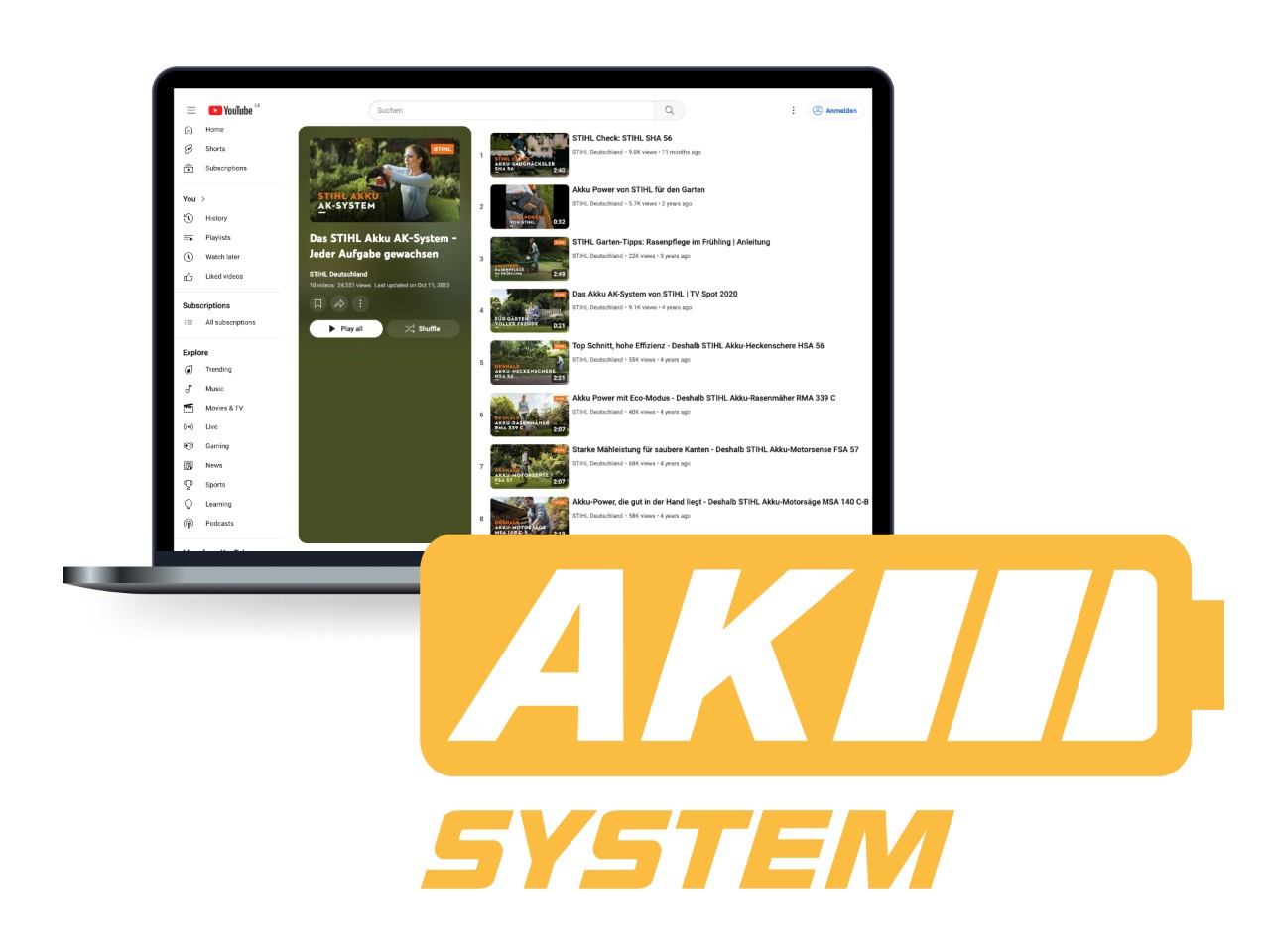 Logo systemu AK STIHL w postaci żółtej ikony akumulatora, w tle laptop