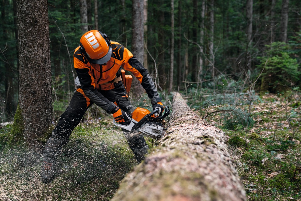 Mężczyzna w ubraniu ochronnym piłuje powalony pień drzewa pilarką benzynową STIHL MS 400 C-M z kolbami magnezowymi